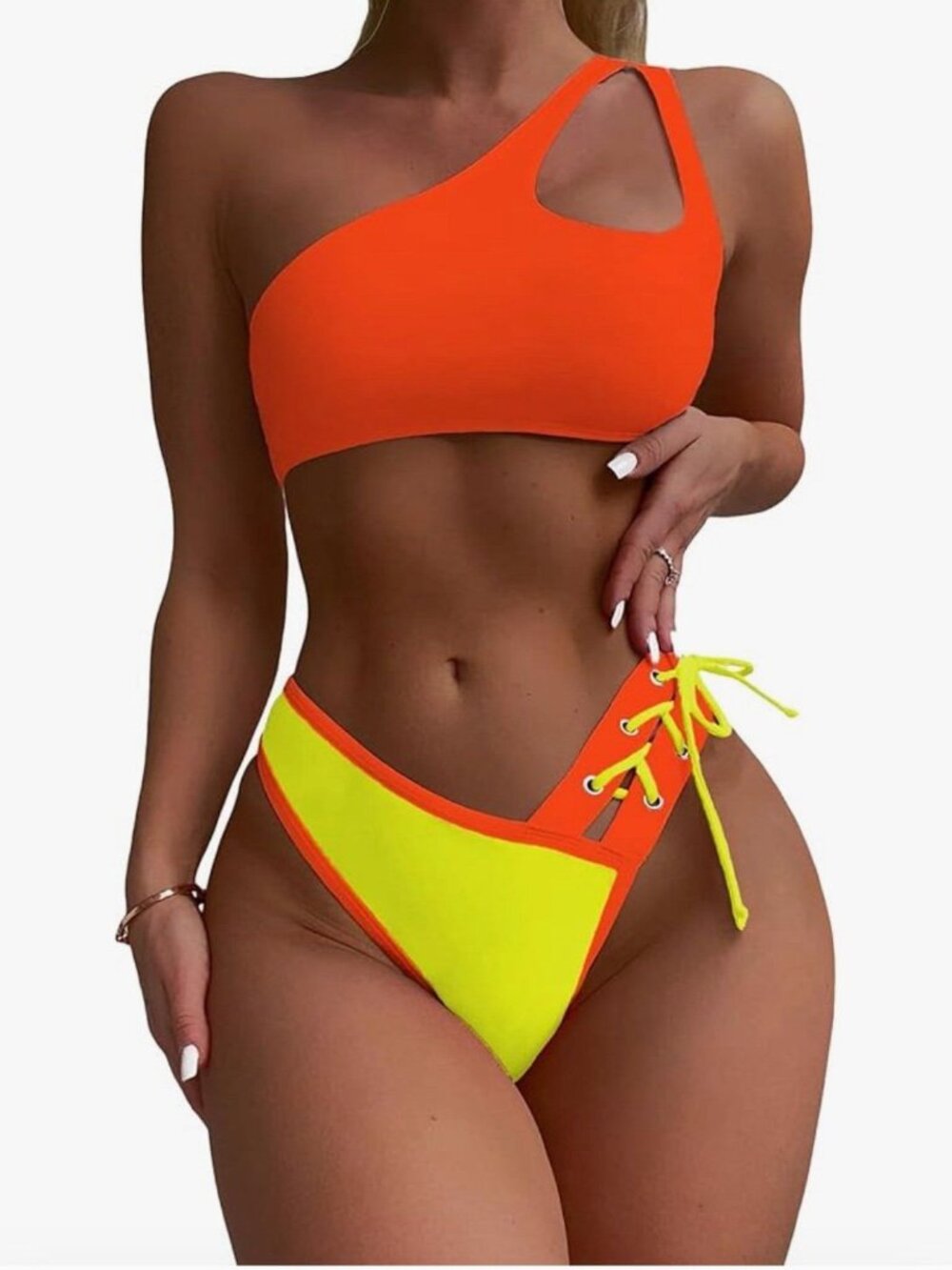 Women’s Sexy High Cut Bikini Orange Yellow Cheeky One Shoulder Sz XL